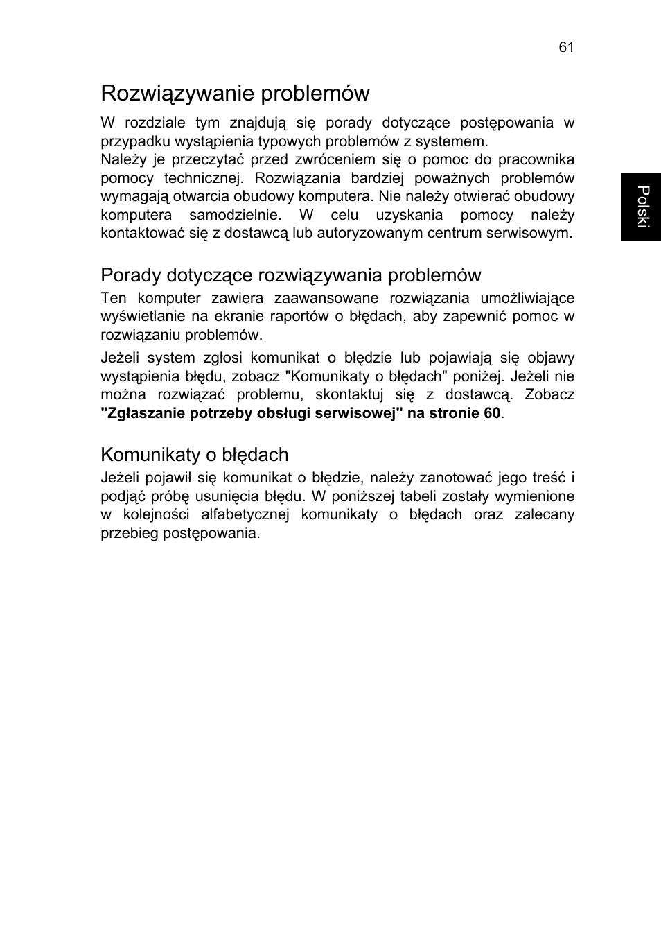 Rozwiązywanie problemów, Porady dotyczące rozwiązywania problemów, Komunikaty o błędach | Acer TravelMate P653-V User Manual | Page 1191 / 2742