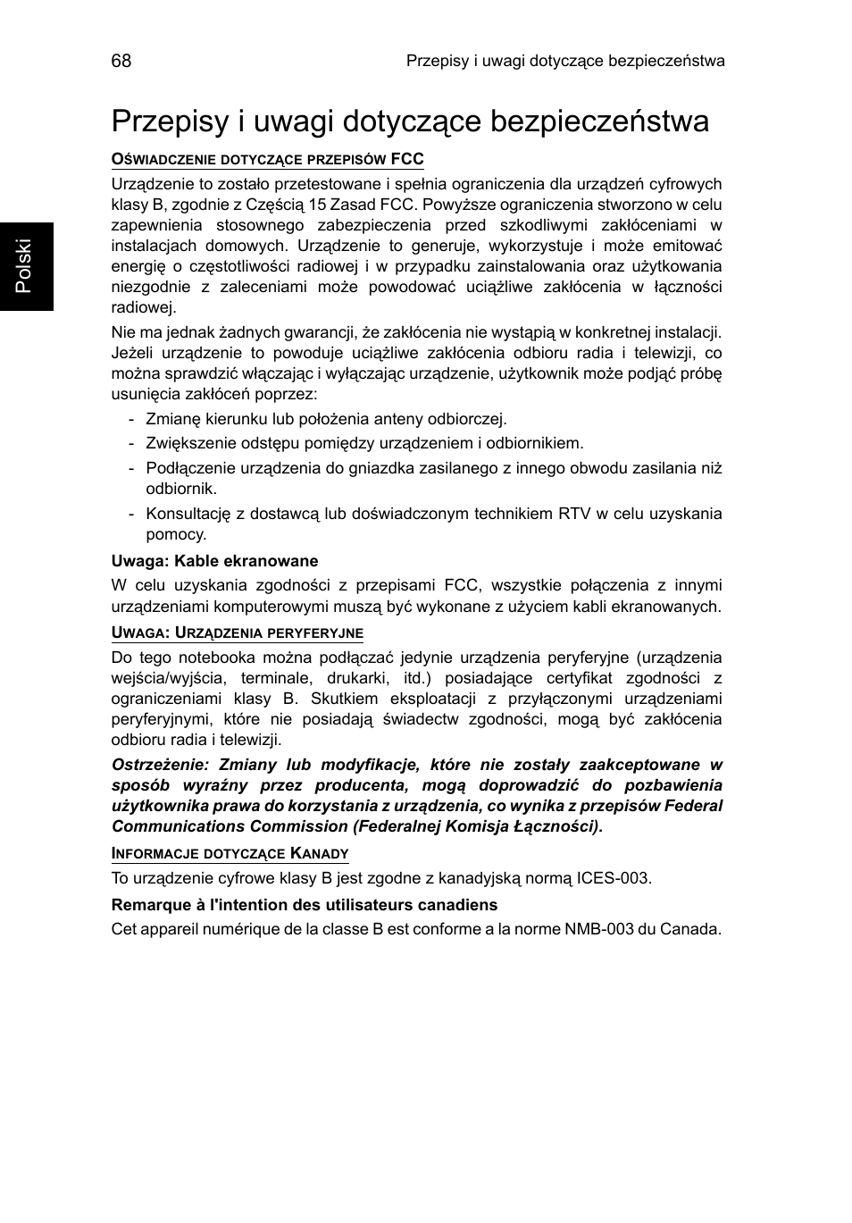 Przepisy i uwagi dotyczące bezpieczeństwa, Przepisy i uwagi dotyczące bezpieczeństwa 68, Polski | Acer TravelMate P653-V User Manual | Page 1198 / 2742