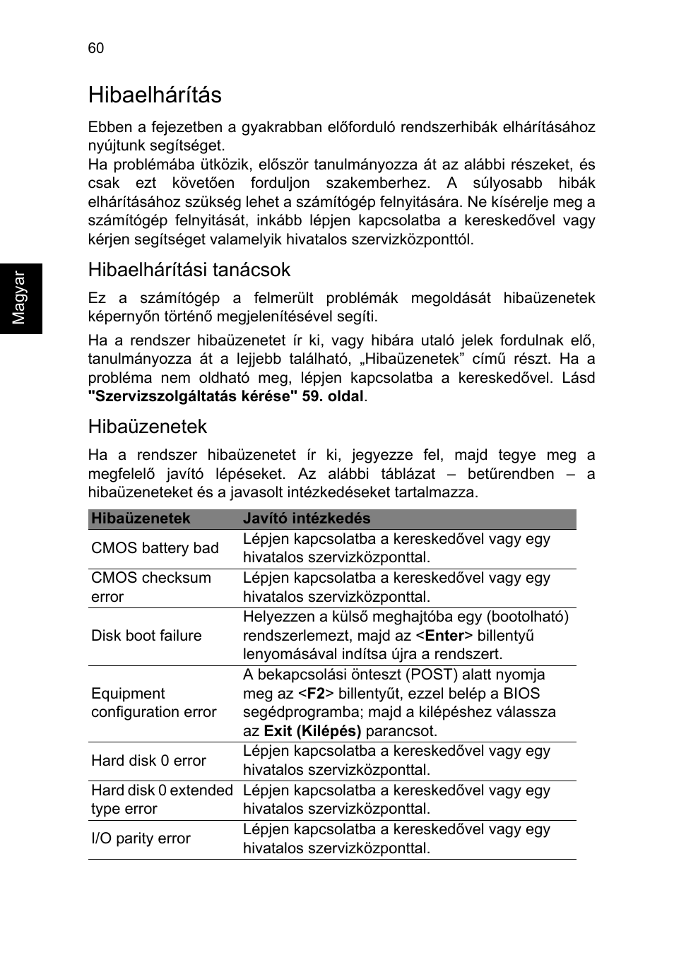 Hibaelhárítás, Hibaelhárítási tanácsok, Hibaüzenetek | Acer TravelMate P653-V User Manual | Page 1284 / 2742