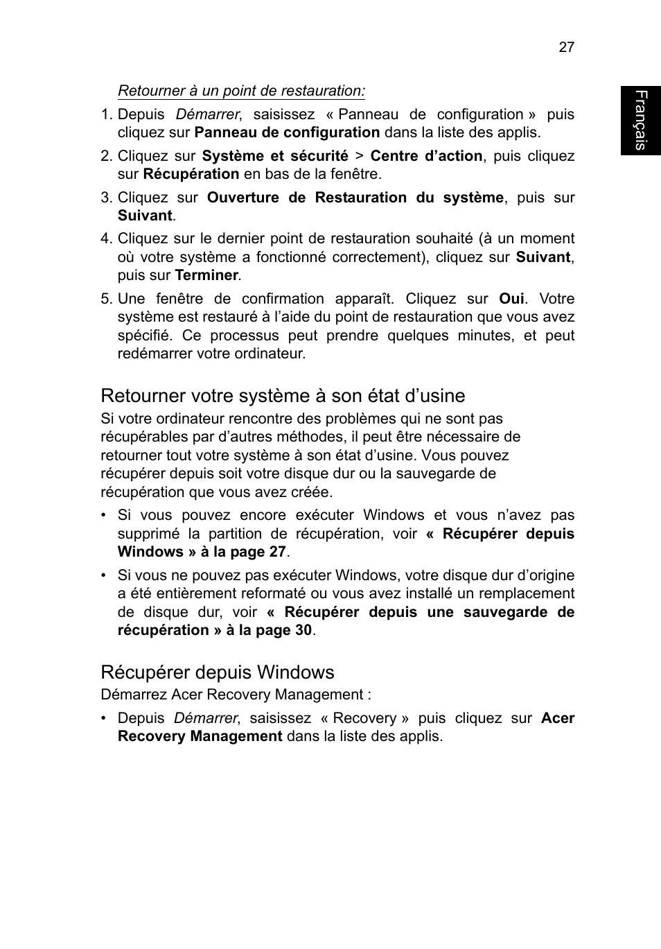 Retourner votre système à son état d’usine, Récupérer depuis windows, Français | Acer TravelMate P653-V User Manual | Page 135 / 2742
