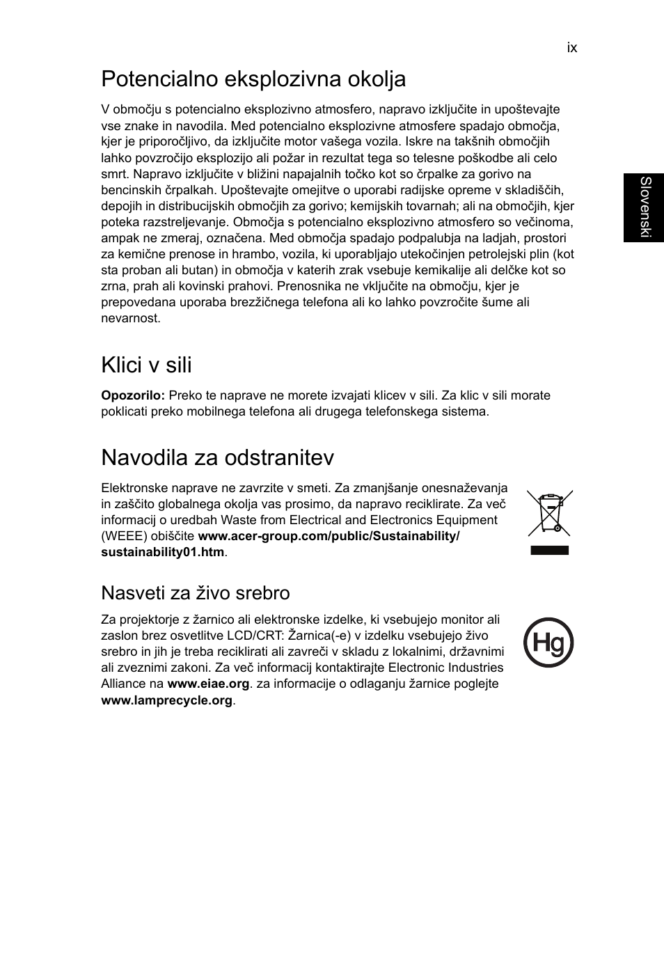 Potencialno eksplozivna okolja, Klici v sili, Navodila za odstranitev | Nasveti za živo srebro | Acer TravelMate P653-V User Manual | Page 1487 / 2742