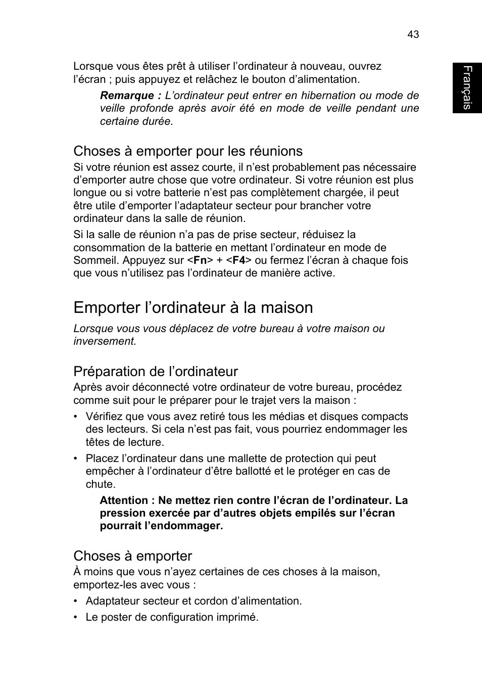 Choses à emporter pour les réunions, Emporter l’ordinateur à la maison, Préparation de l’ordinateur | Choses à emporter, Français | Acer TravelMate P653-V User Manual | Page 151 / 2742