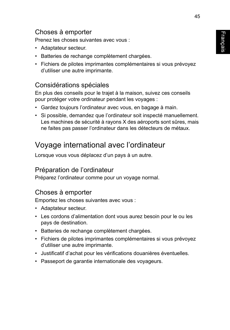 Choses à emporter, Considérations spéciales, Voyage international avec l’ordinateur | Préparation de l’ordinateur, Français | Acer TravelMate P653-V User Manual | Page 153 / 2742