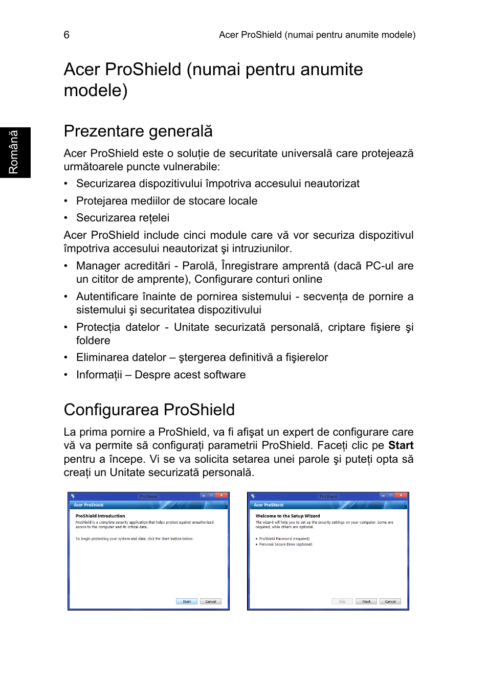 Acer proshield (numai pentru anumite modele), Prezentare generală, Configurarea proshield | Acer proshield (numai pentru anumite modele) 6 | Acer TravelMate P653-V User Manual | Page 1688 / 2742