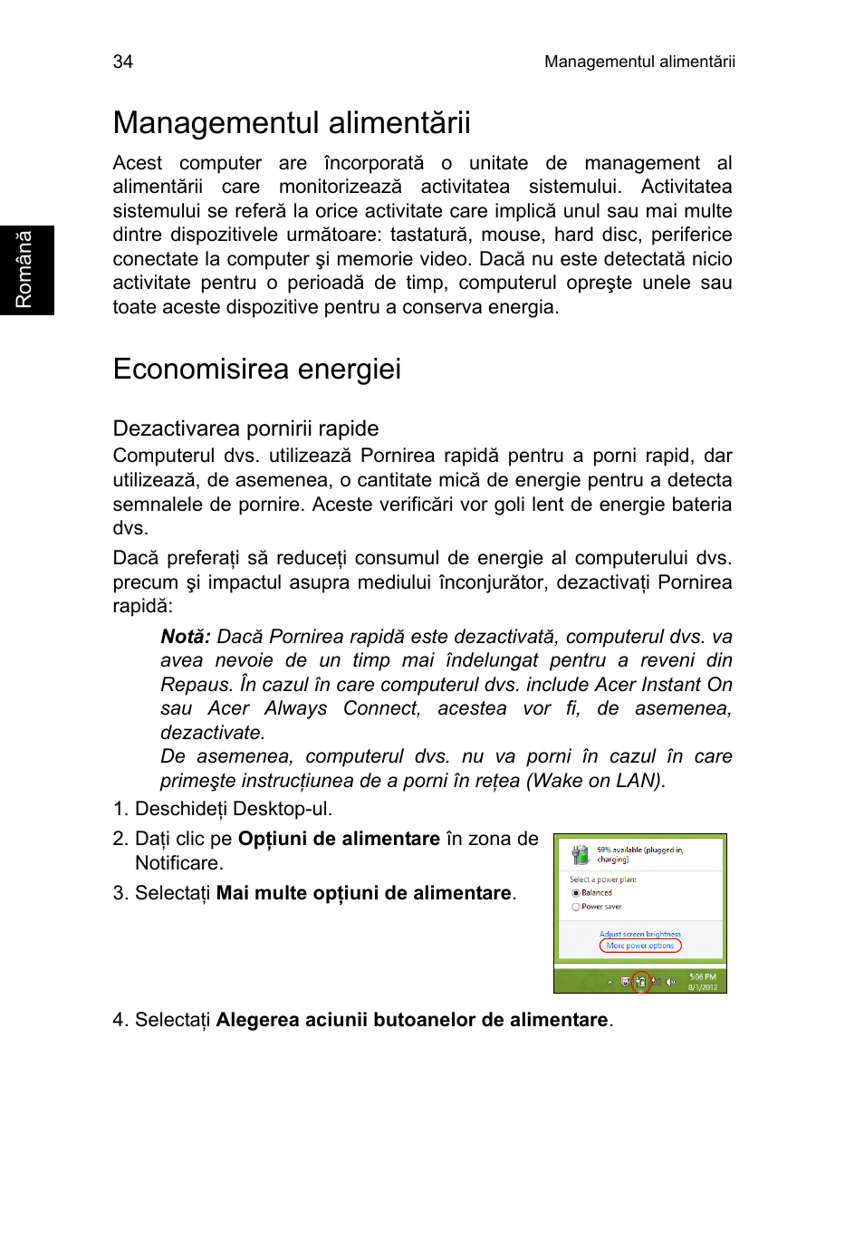 Managementul alimentării, Economisirea energiei, Managementul alimentării 34 | Acer TravelMate P653-V User Manual | Page 1716 / 2742