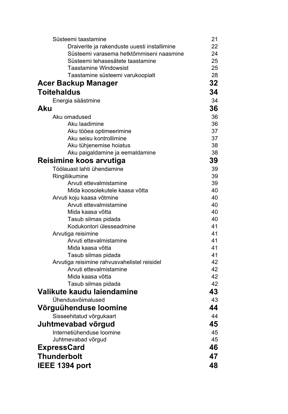 Acer backup manager 32 toitehaldus 34, Aku 36, Reisimine koos arvutiga 39 | Valikute kaudu laiendamine 43, Võrguühenduse loomine 44, Juhtmevabad võrgud 45 | Acer TravelMate P653-V User Manual | Page 1864 / 2742