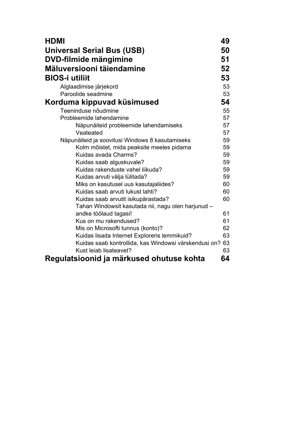 Korduma kippuvad küsimused 54, Regulatsioonid ja märkused ohutuse kohta 64 | Acer TravelMate P653-V User Manual | Page 1865 / 2742