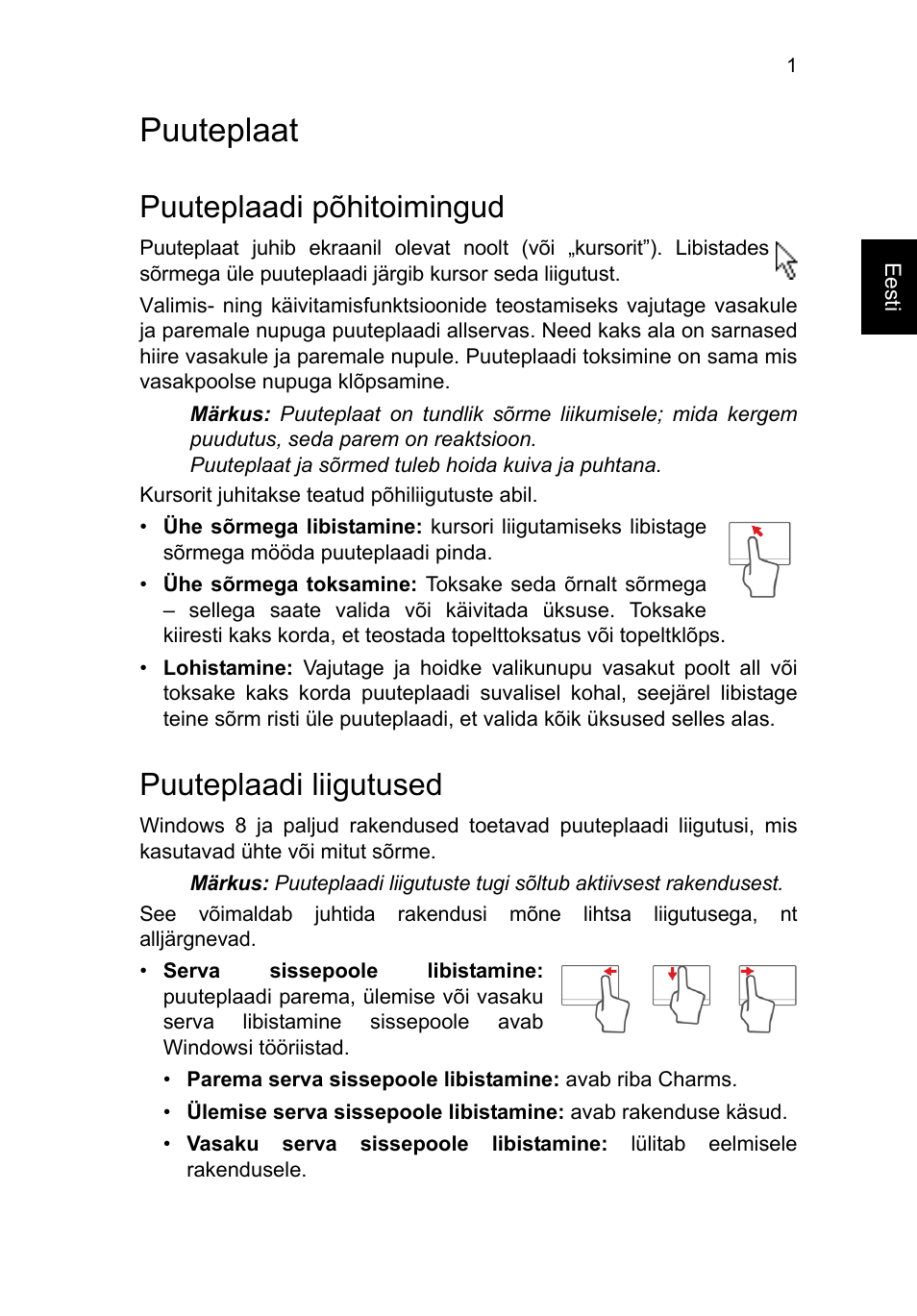 Puuteplaat, Puuteplaadi põhitoimingud, Puuteplaadi liigutused | Puuteplaat 1 | Acer TravelMate P653-V User Manual | Page 1867 / 2742