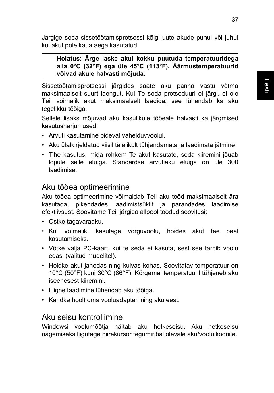 Aku tööea optimeerimine, Aku seisu kontrollimine | Acer TravelMate P653-V User Manual | Page 1903 / 2742