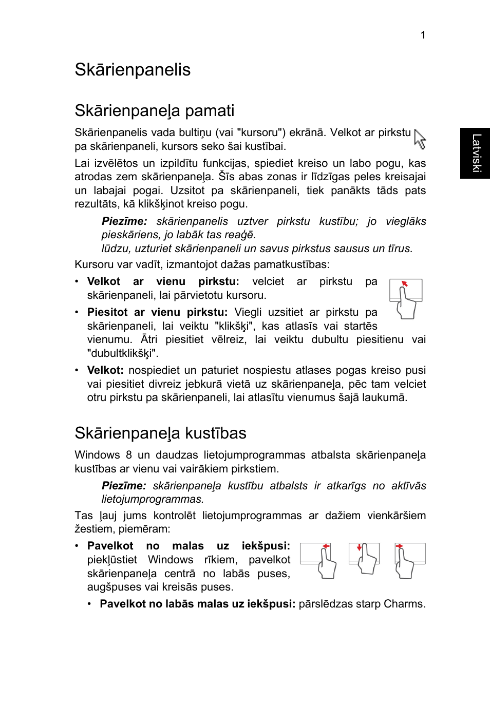 Skārienpanelis, Skārienpaneļa pamati, Skārienpaneļa kustības | Acer TravelMate P653-V User Manual | Page 1957 / 2742