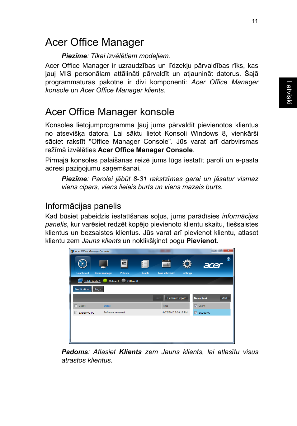 Acer office manager, Acer office manager konsole, Informācijas panelis | Acer TravelMate P653-V User Manual | Page 1967 / 2742