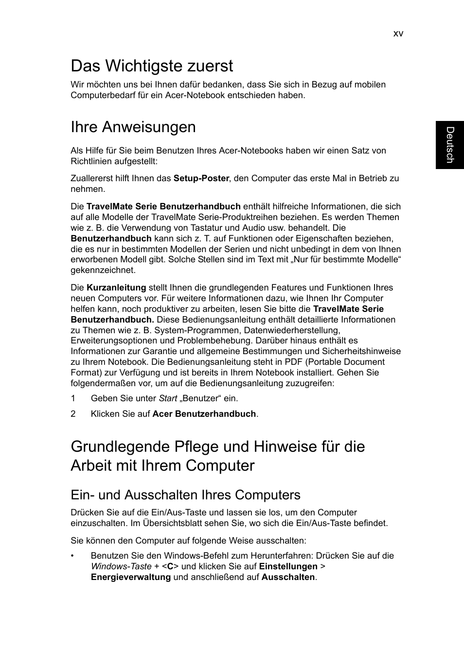Das wichtigste zuerst, Ihre anweisungen, Ein- und ausschalten ihres computers | Acer TravelMate P653-V User Manual | Page 197 / 2742