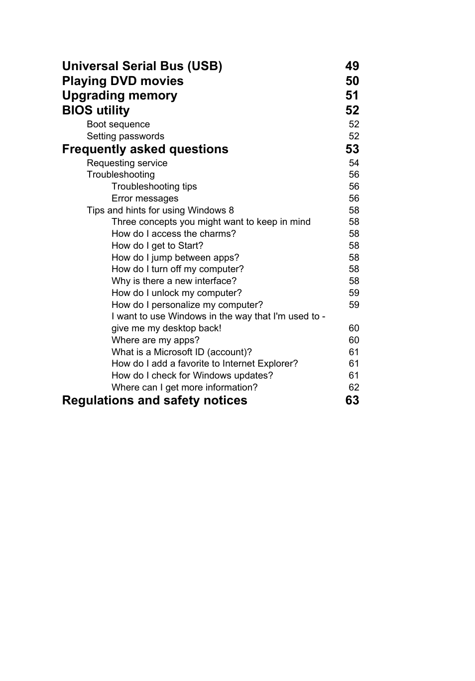 Frequently asked questions 53, Regulations and safety notices 63 | Acer TravelMate P653-V User Manual | Page 20 / 2742