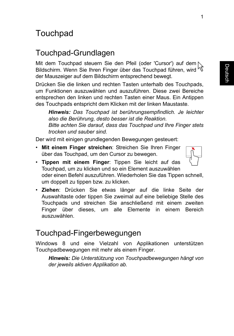 Touchpad, Touchpad-grundlagen, Touchpad-fingerbewegungen | Acer TravelMate P653-V User Manual | Page 205 / 2742