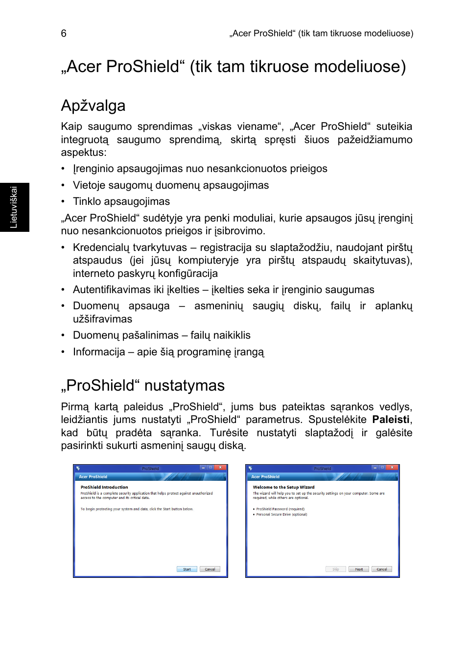 Acer proshield“ (tik tam tikruose modeliuose), Apžvalga, Proshield“ nustatymas | Acer proshield“ (tik tam tikruose modeliuose) 6 | Acer TravelMate P653-V User Manual | Page 2054 / 2742