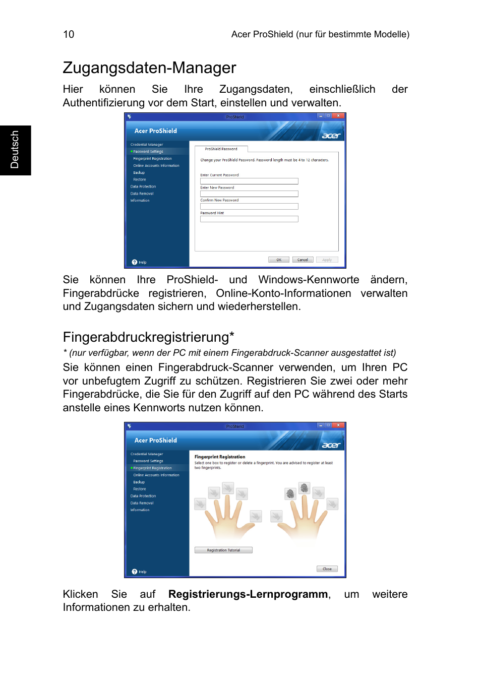Zugangsdaten-manager, Fingerabdruckregistrierung | Acer TravelMate P653-V User Manual | Page 214 / 2742