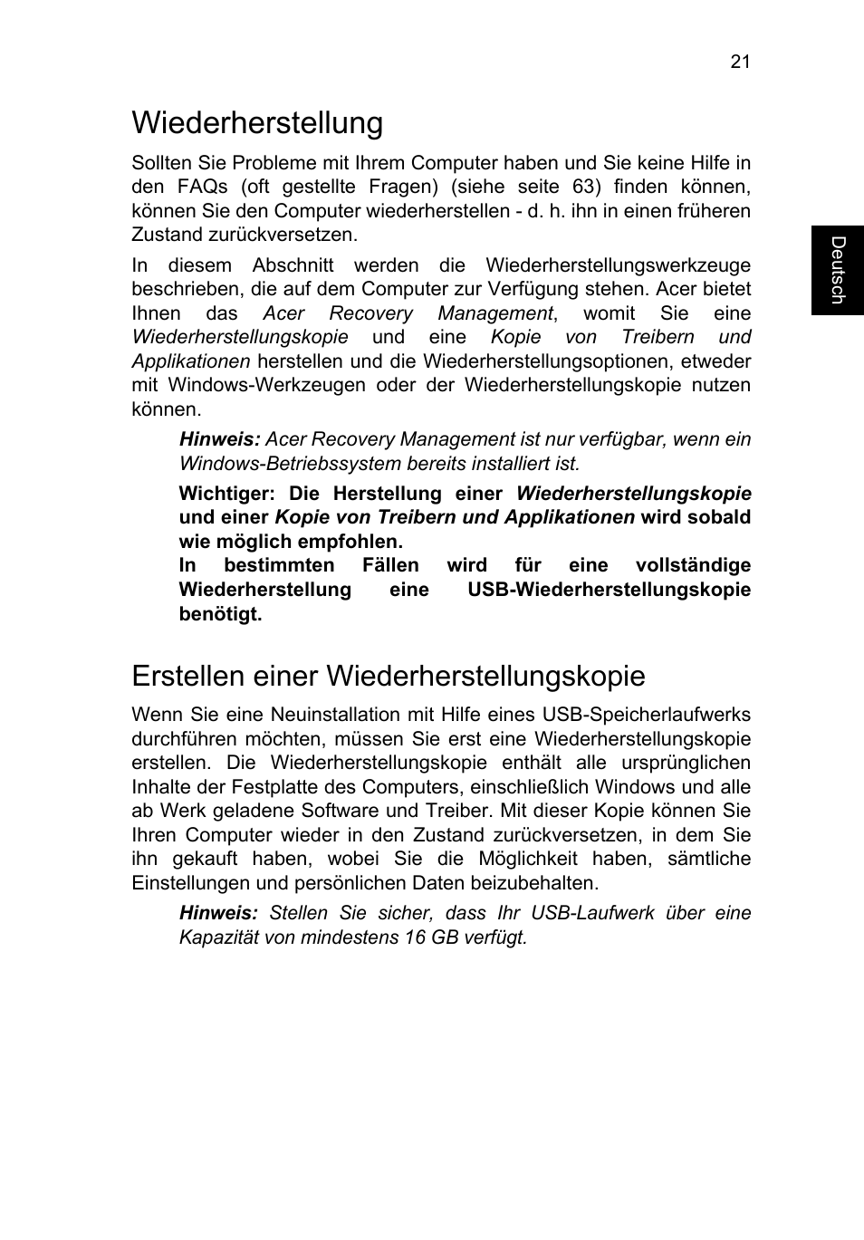 Wiederherstellung, Erstellen einer wiederherstellungskopie | Acer TravelMate P653-V User Manual | Page 225 / 2742