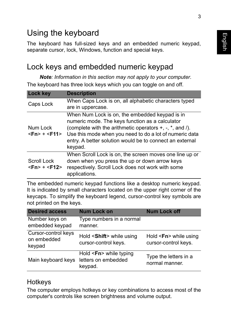 Using the keyboard, Lock keys and embedded numeric keypad, Hotkeys | Acer TravelMate P653-V User Manual | Page 23 / 2742