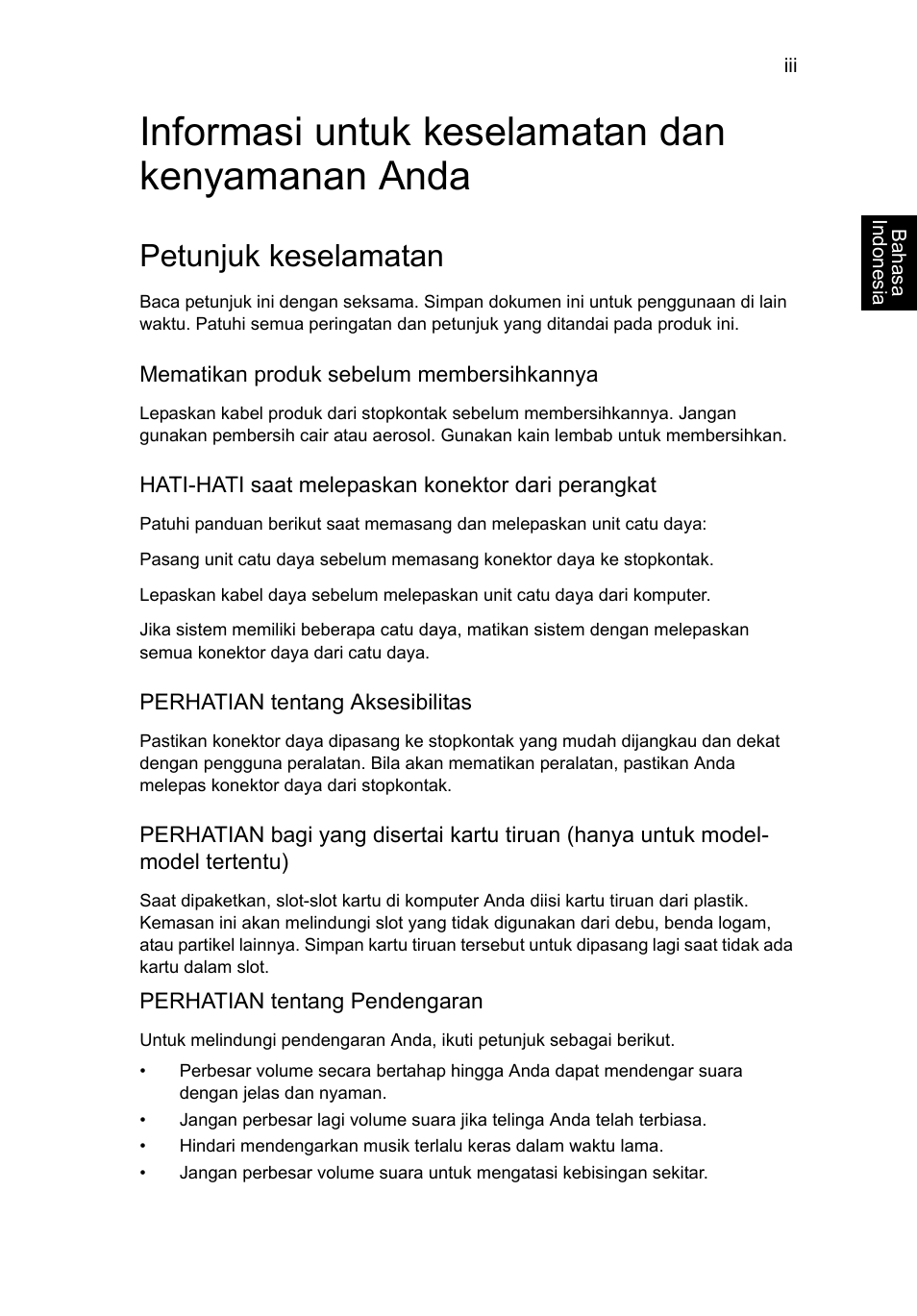 Informasi untuk keselamatan dan kenyamanan anda, Petunjuk keselamatan | Acer TravelMate P653-V User Manual | Page 2559 / 2742