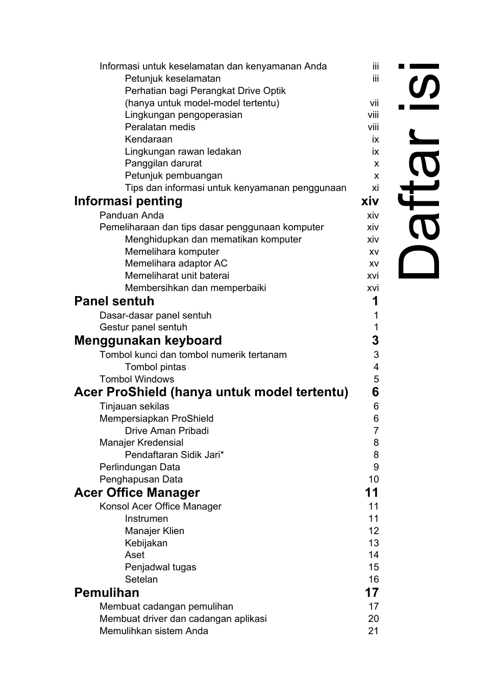 Daftar isi, Informasi penting xiv, Panel sentuh 1 | Menggunakan keyboard 3, Acer proshield (hanya untuk model tertentu) 6, Acer office manager 11, Pemulihan 17 | Acer TravelMate P653-V User Manual | Page 2573 / 2742