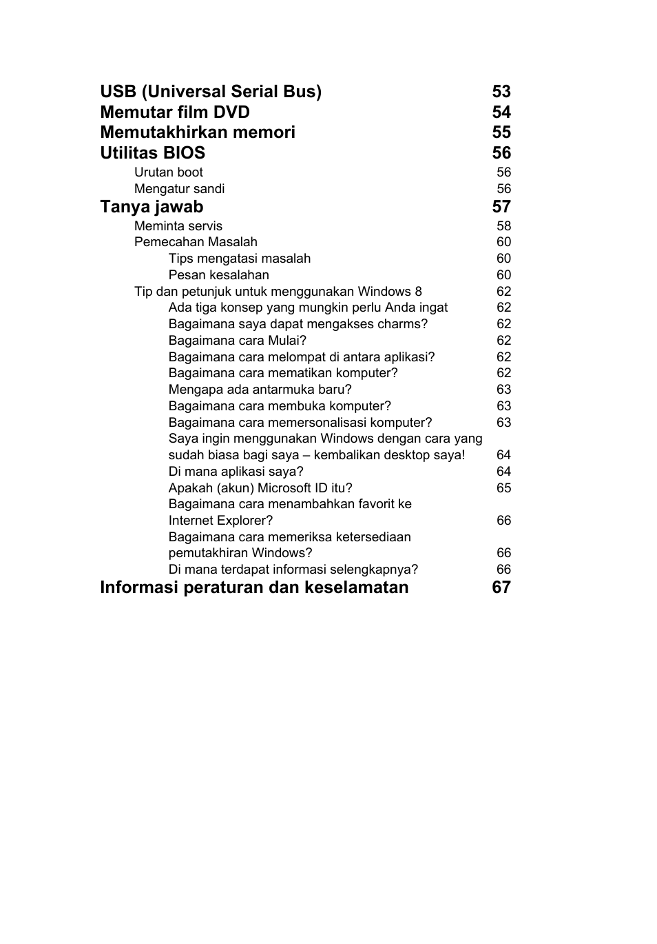 Tanya jawab 57, Informasi peraturan dan keselamatan 67 | Acer TravelMate P653-V User Manual | Page 2575 / 2742