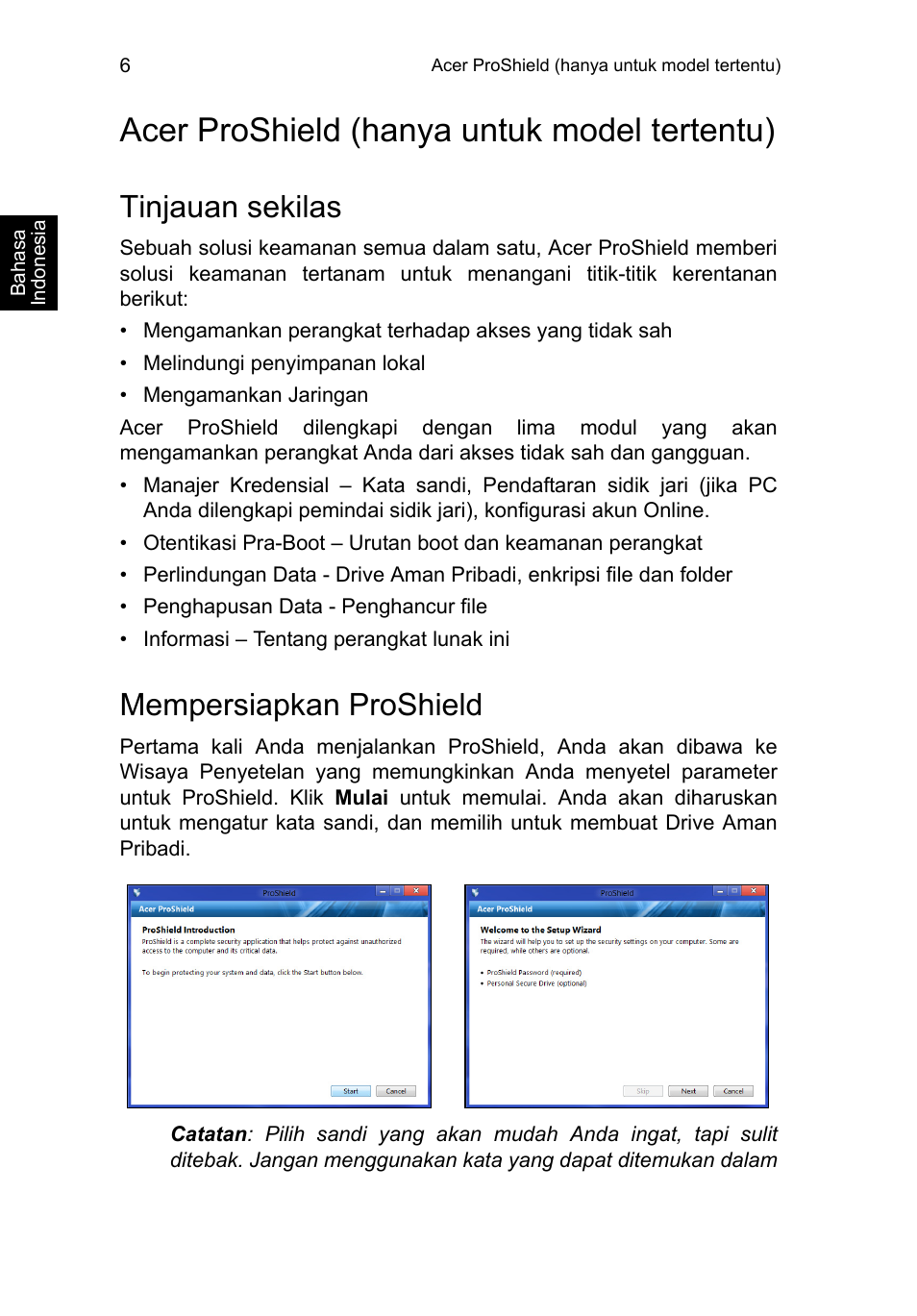 Acer proshield (hanya untuk model tertentu), Tinjauan sekilas, Mempersiapkan proshield | Acer TravelMate P653-V User Manual | Page 2582 / 2742