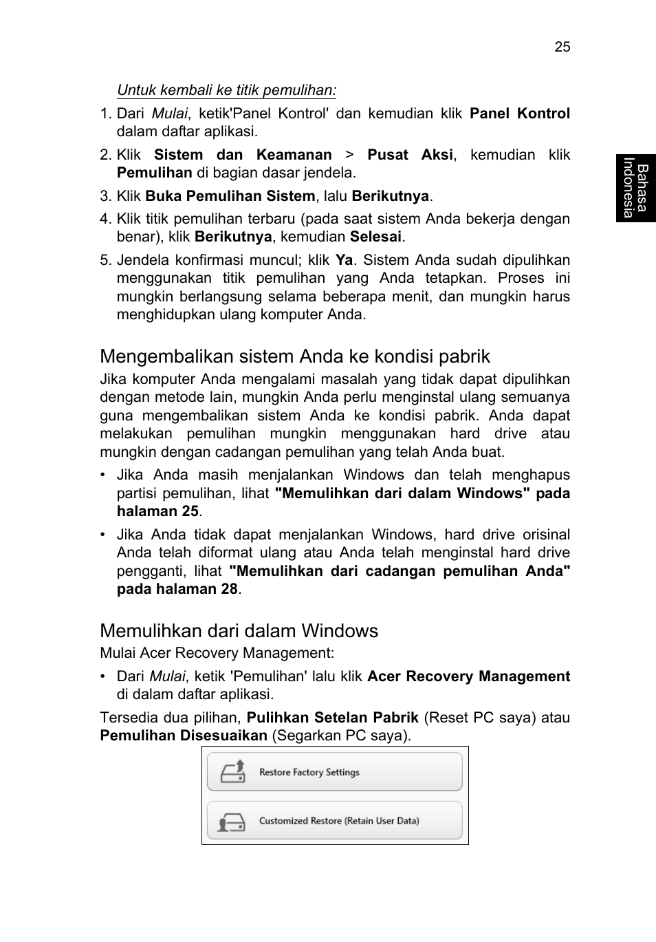 Mengembalikan sistem anda ke kondisi pabrik, Memulihkan dari dalam windows | Acer TravelMate P653-V User Manual | Page 2601 / 2742