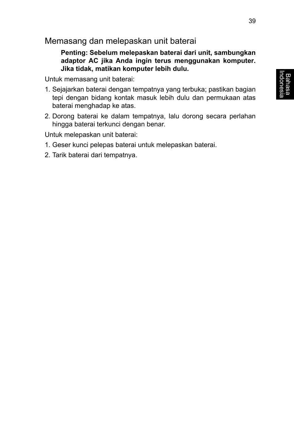 Memasang dan melepaskan unit baterai | Acer TravelMate P653-V User Manual | Page 2615 / 2742