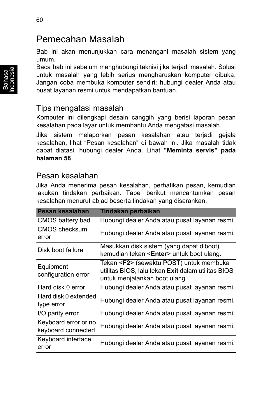 Pemecahan masalah, Tips mengatasi masalah, Pesan kesalahan | Acer TravelMate P653-V User Manual | Page 2636 / 2742