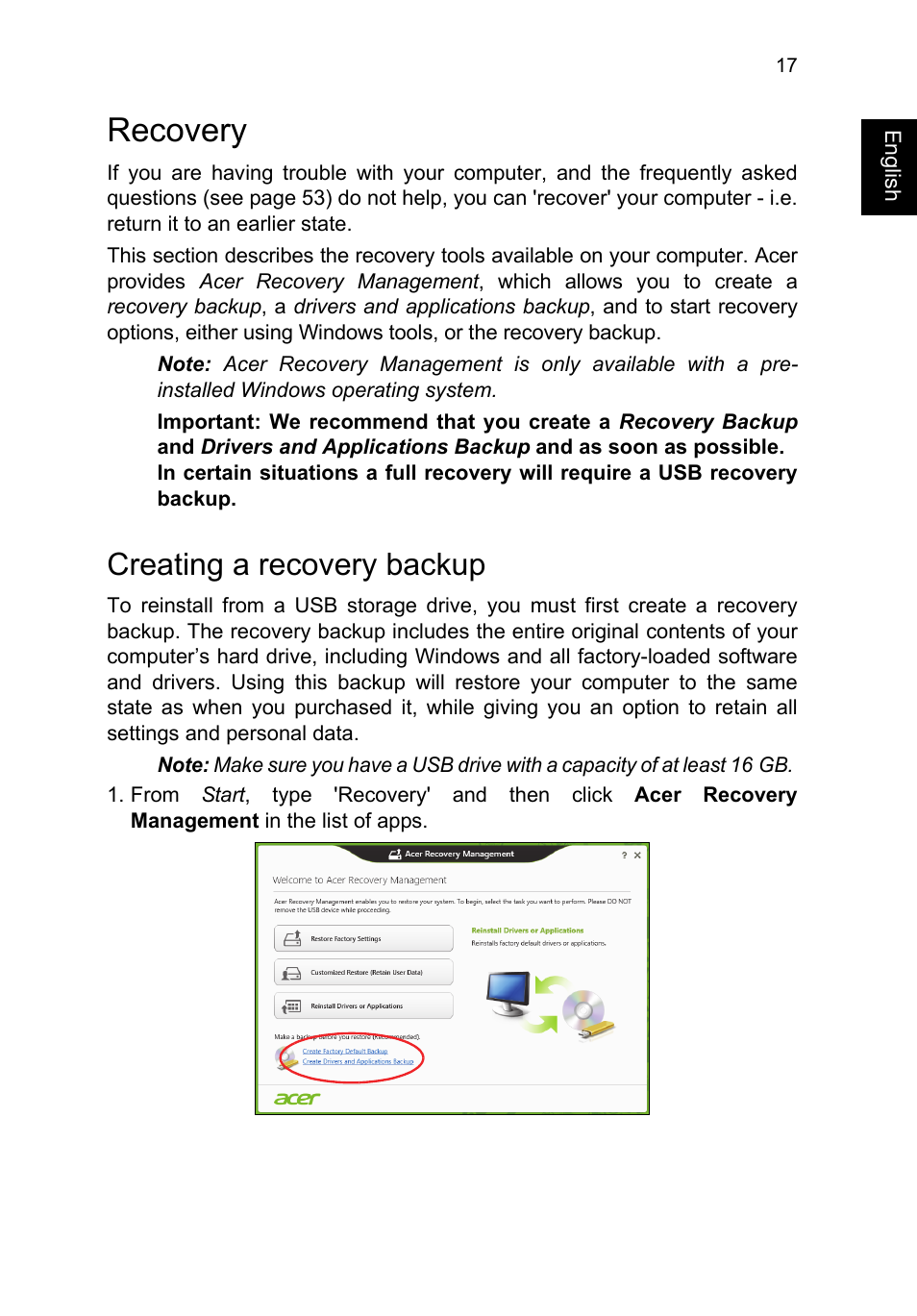 Recovery, Creating a recovery backup | Acer TravelMate P653-V User Manual | Page 37 / 2742