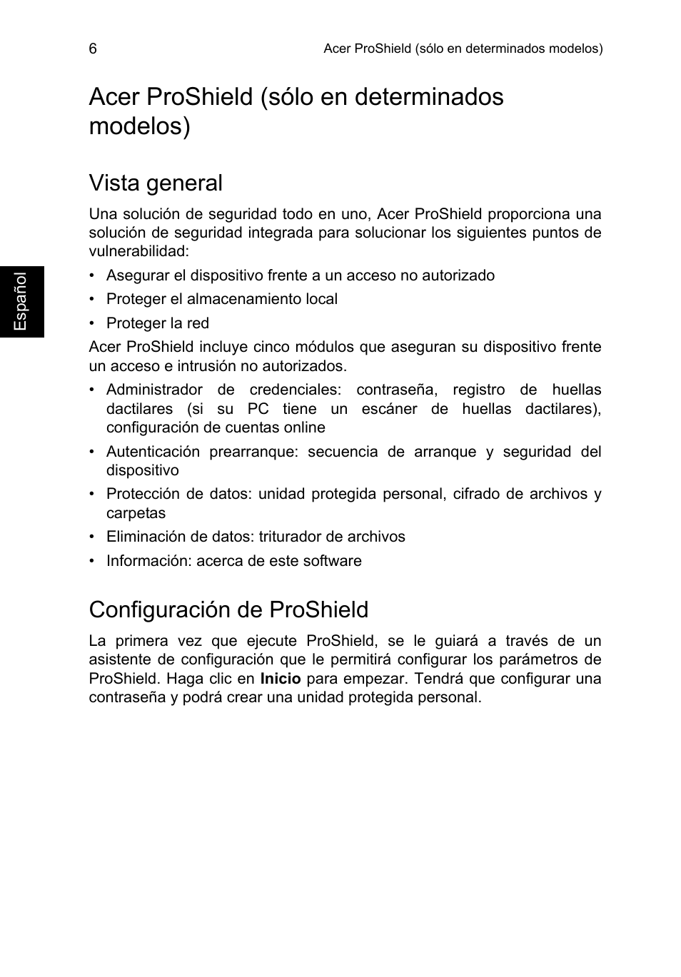 Acer proshield (sólo en determinados modelos), Vista general, Configuración de proshield | Acer TravelMate P653-V User Manual | Page 402 / 2742