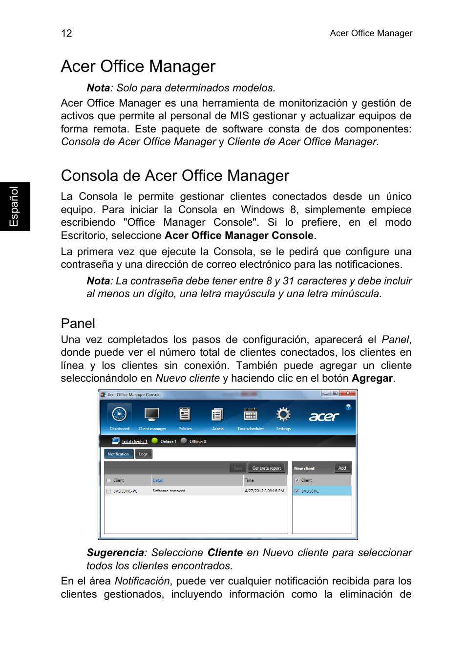 Acer office manager, Consola de acer office manager, Panel | Acer TravelMate P653-V User Manual | Page 408 / 2742