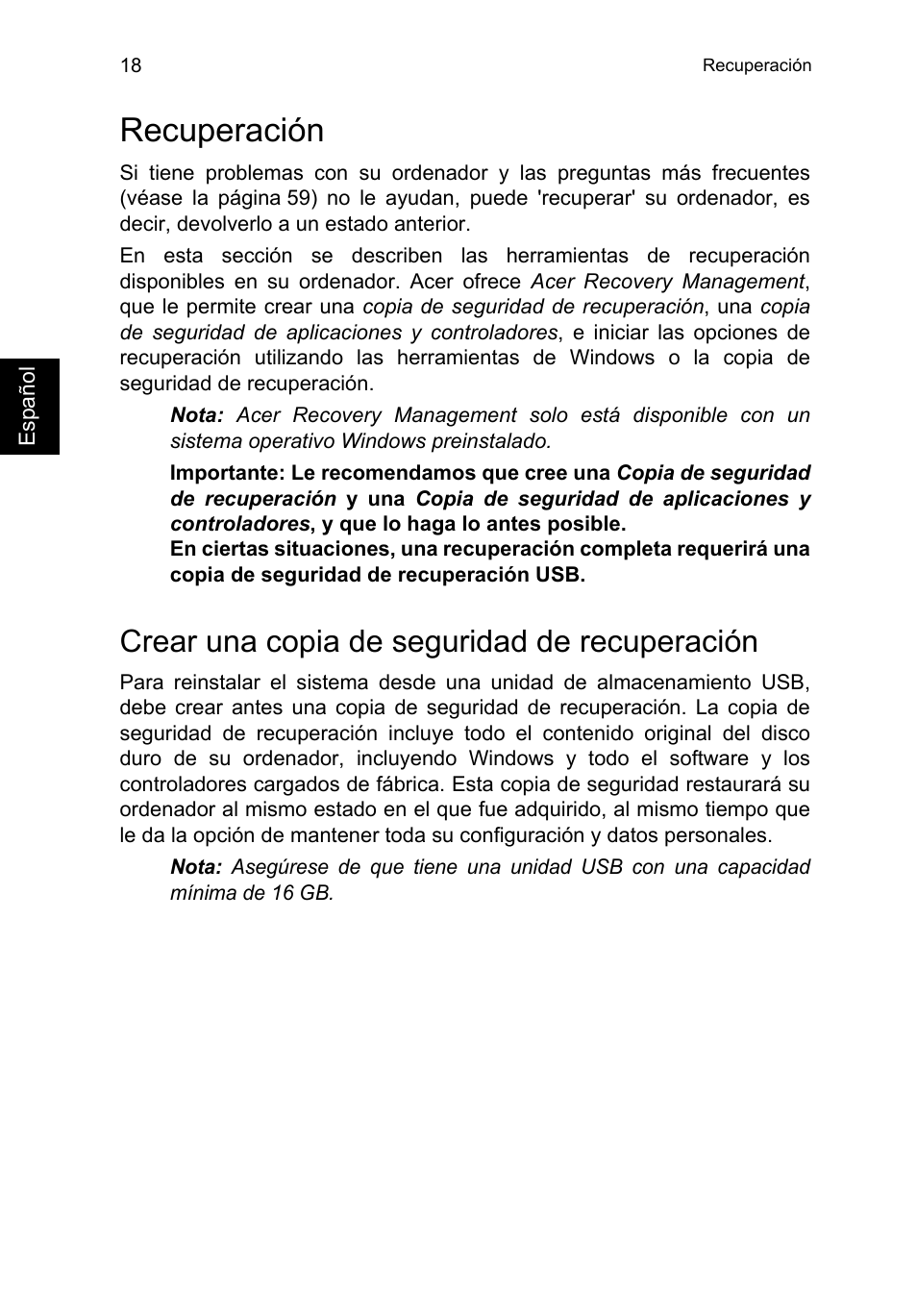 Recuperación, Crear una copia de seguridad de recuperación | Acer TravelMate P653-V User Manual | Page 414 / 2742