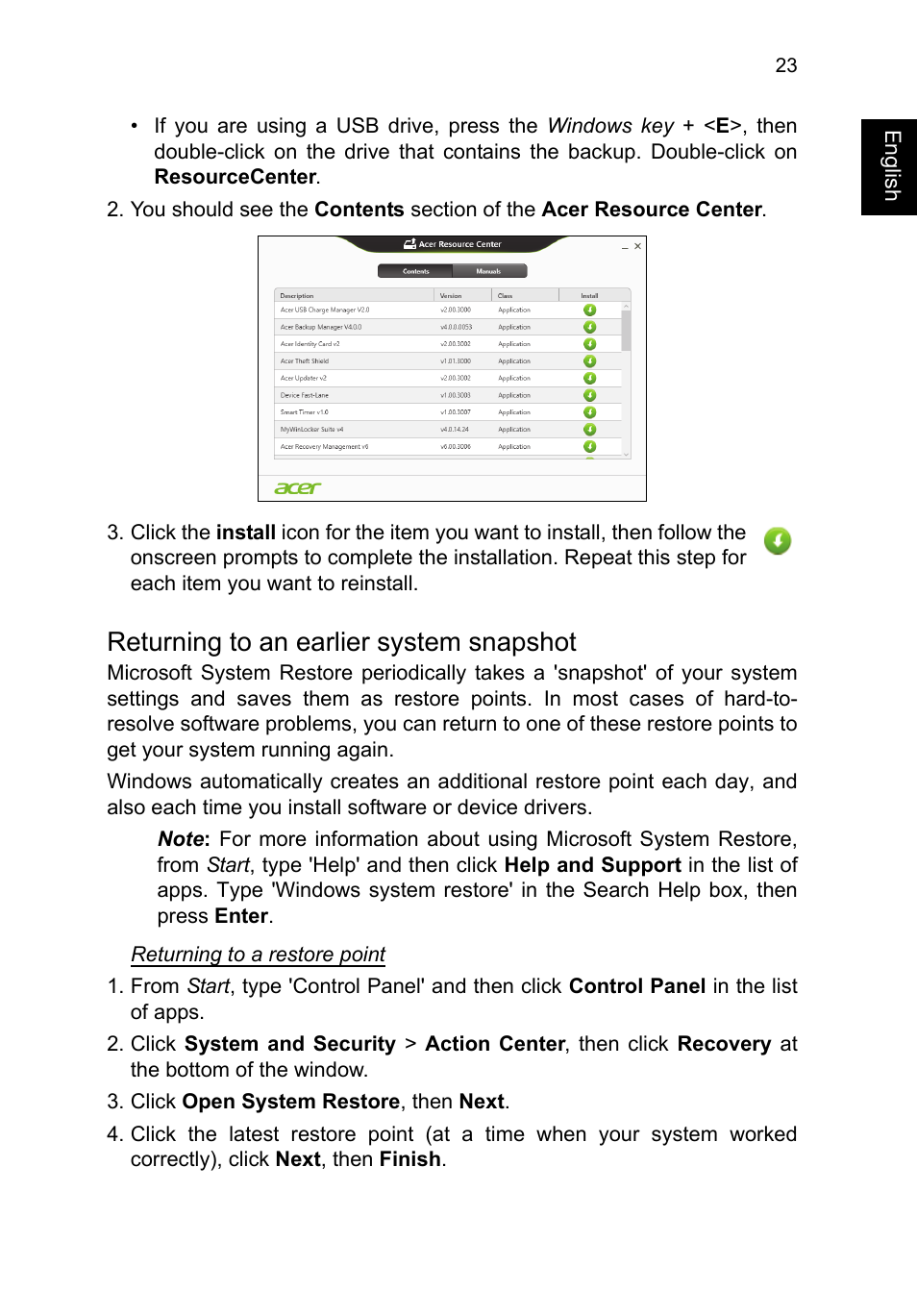 Returning to an earlier system snapshot | Acer TravelMate P653-V User Manual | Page 43 / 2742