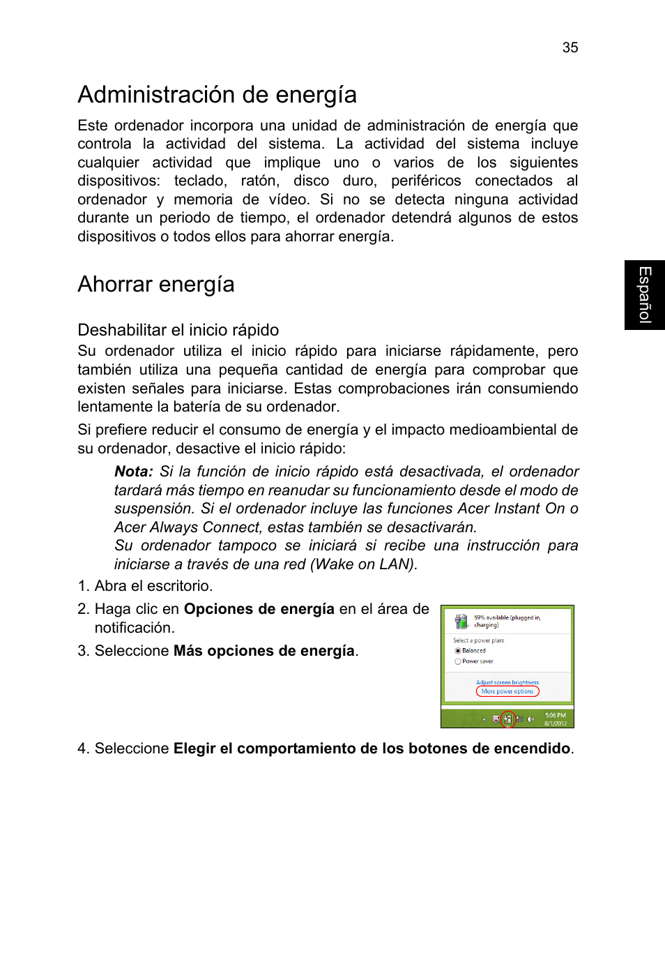 Administración de energía, Ahorrar energía | Acer TravelMate P653-V User Manual | Page 431 / 2742