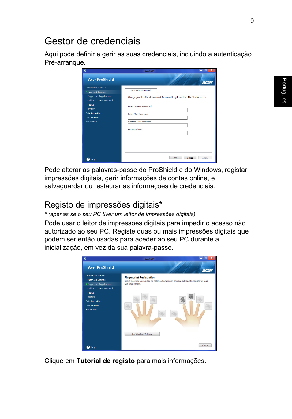 Gestor de credenciais, Registo de impressões digitais | Acer TravelMate P653-V User Manual | Page 497 / 2742