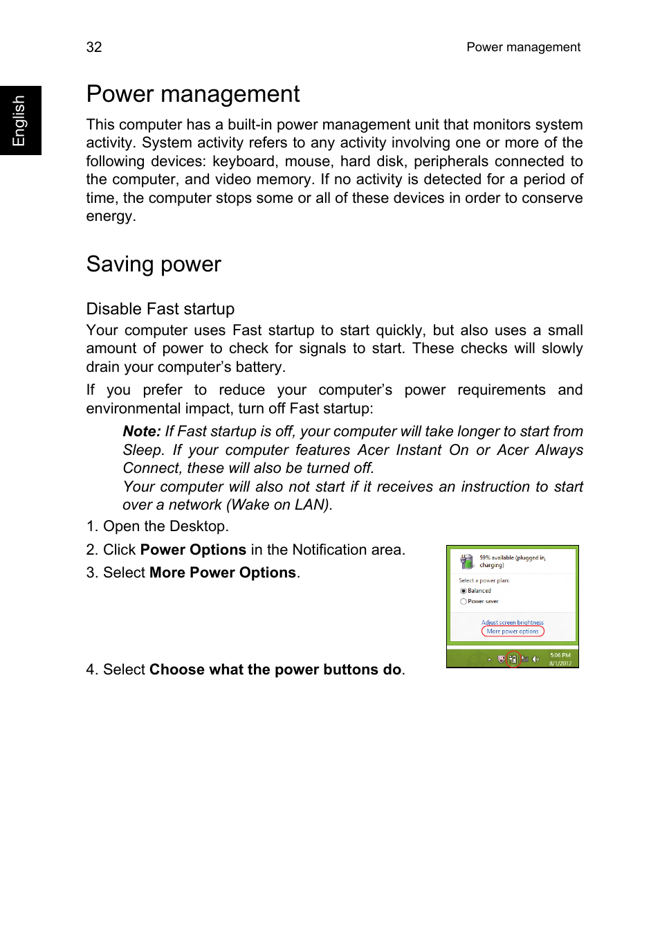 Power management, Saving power | Acer TravelMate P653-V User Manual | Page 52 / 2742