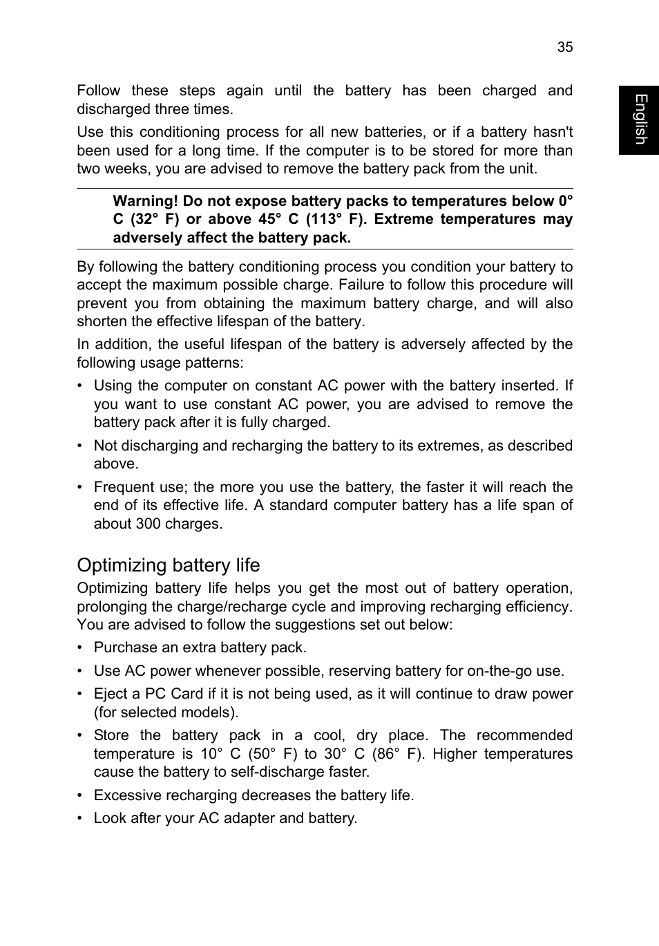 Optimizing battery life | Acer TravelMate P653-V User Manual | Page 55 / 2742