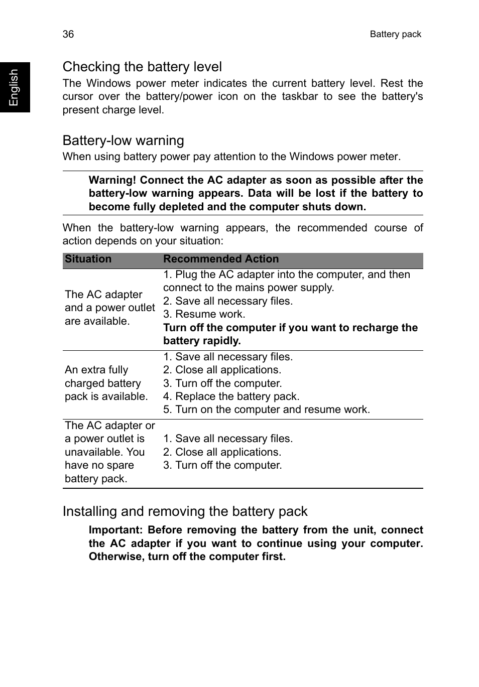 Checking the battery level, Battery-low warning, Installing and removing the battery pack | Acer TravelMate P653-V User Manual | Page 56 / 2742