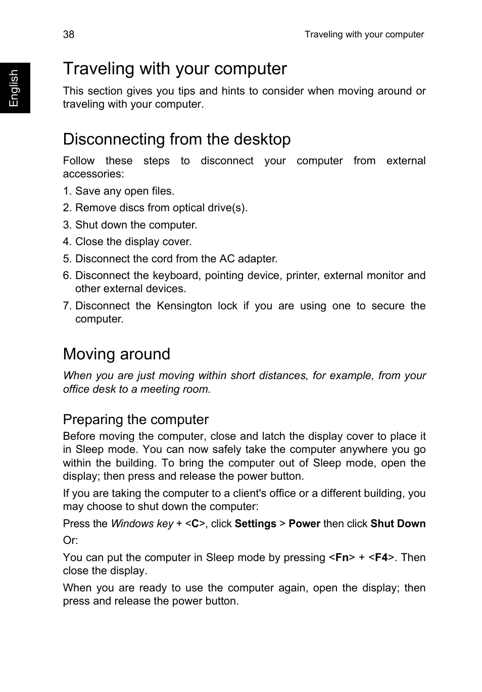 Traveling with your computer, Disconnecting from the desktop, Moving around | Preparing the computer | Acer TravelMate P653-V User Manual | Page 58 / 2742