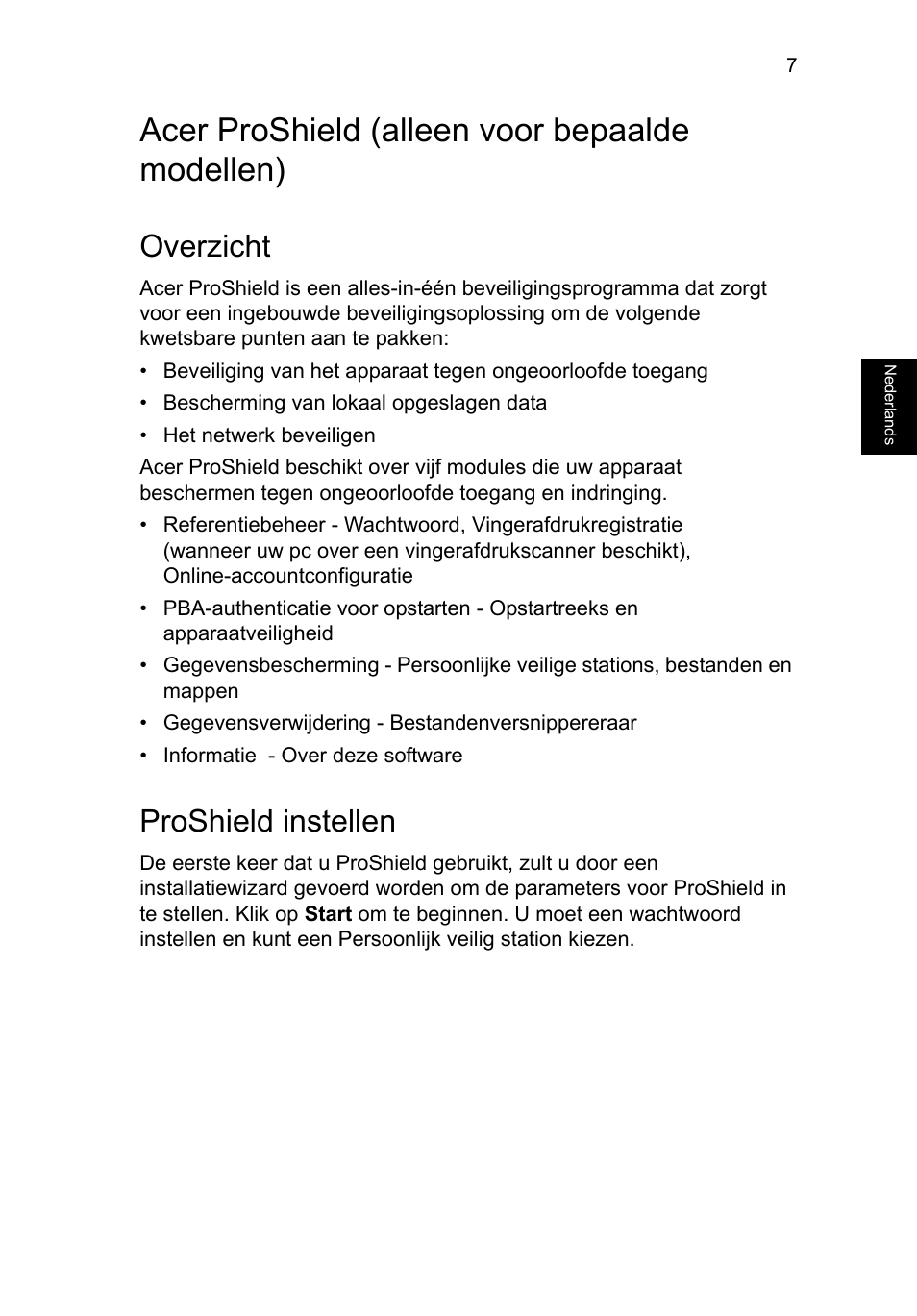 Acer proshield (alleen voor bepaalde modellen), Overzicht, Proshield instellen | Acer TravelMate P653-V User Manual | Page 587 / 2742