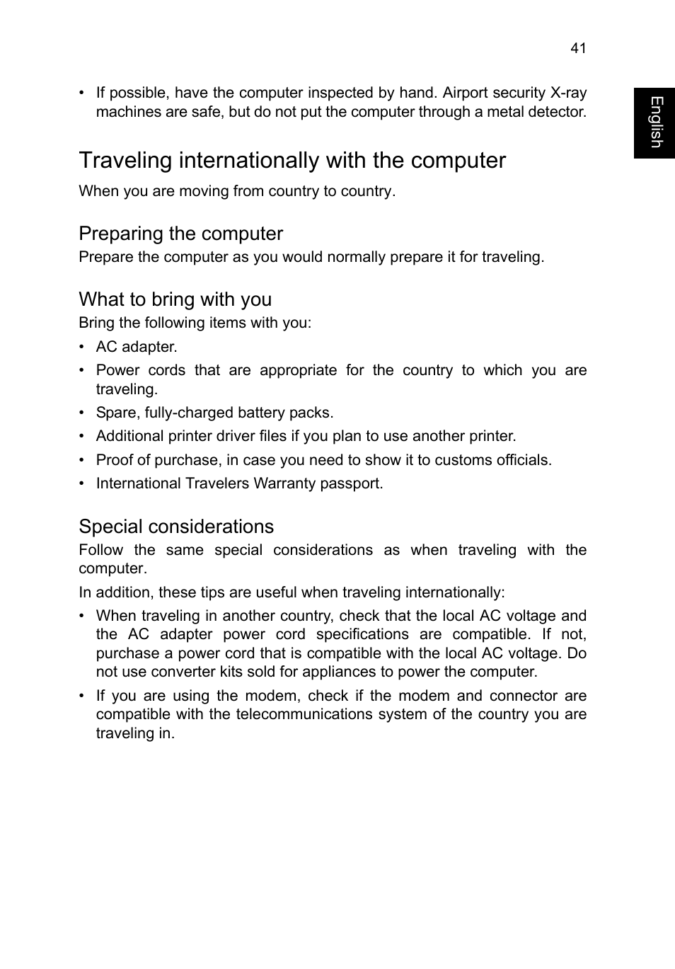 Traveling internationally with the computer, Preparing the computer, What to bring with you | Special considerations | Acer TravelMate P653-V User Manual | Page 61 / 2742