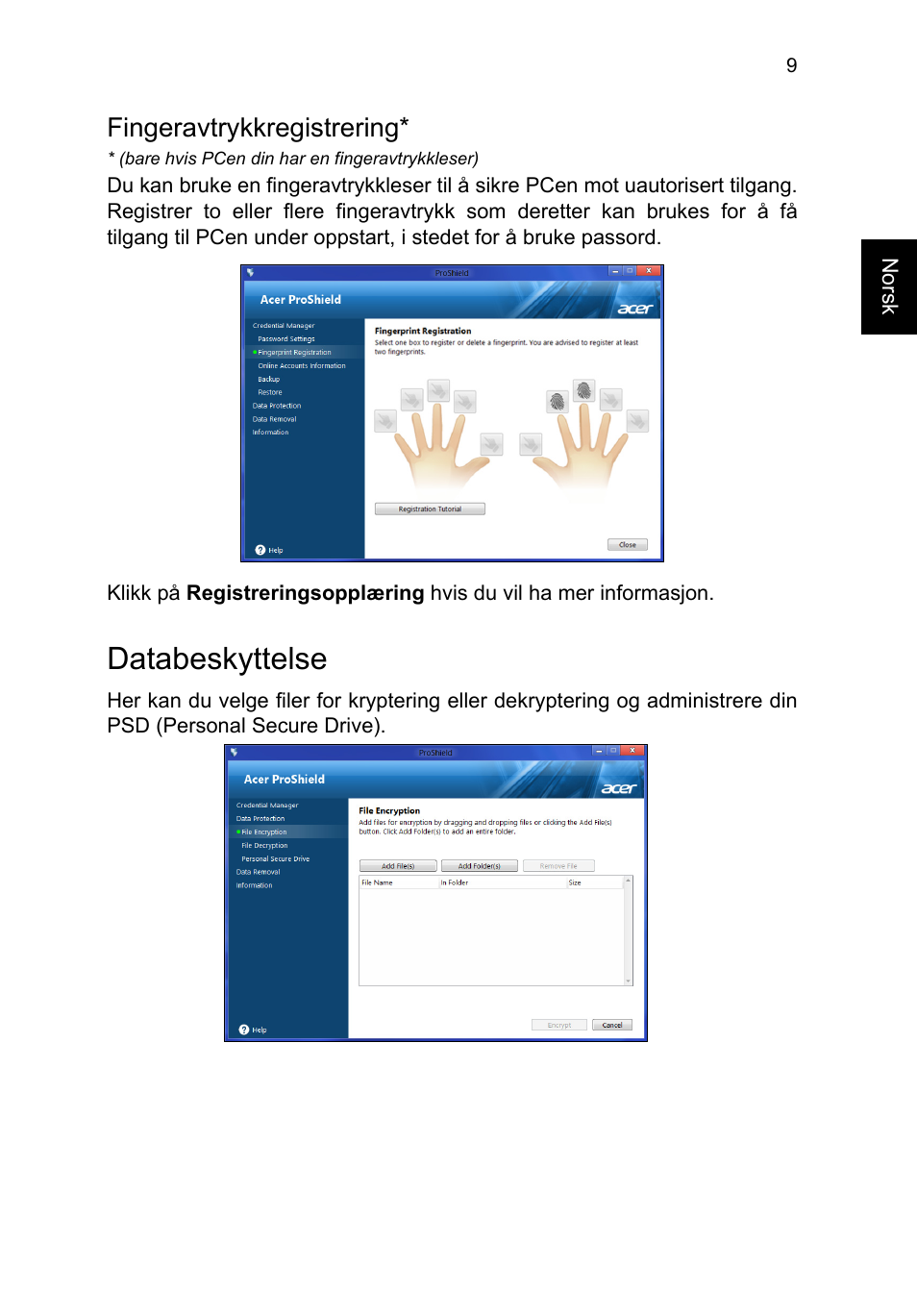 Fingeravtrykkregistrering, Databeskyttelse | Acer TravelMate P653-V User Manual | Page 683 / 2742