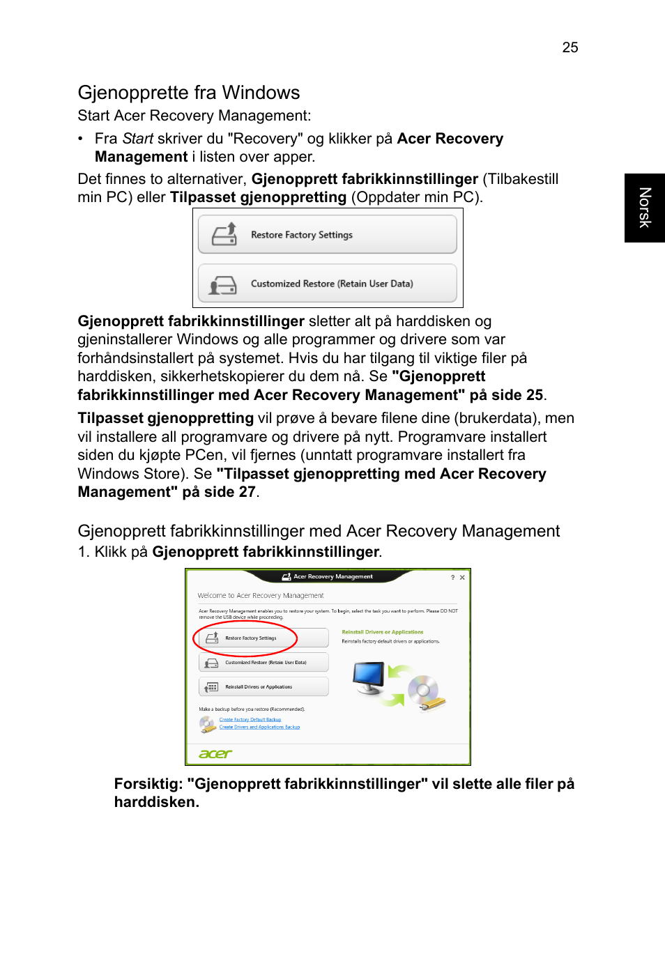 Gjenopprette fra windows | Acer TravelMate P653-V User Manual | Page 699 / 2742