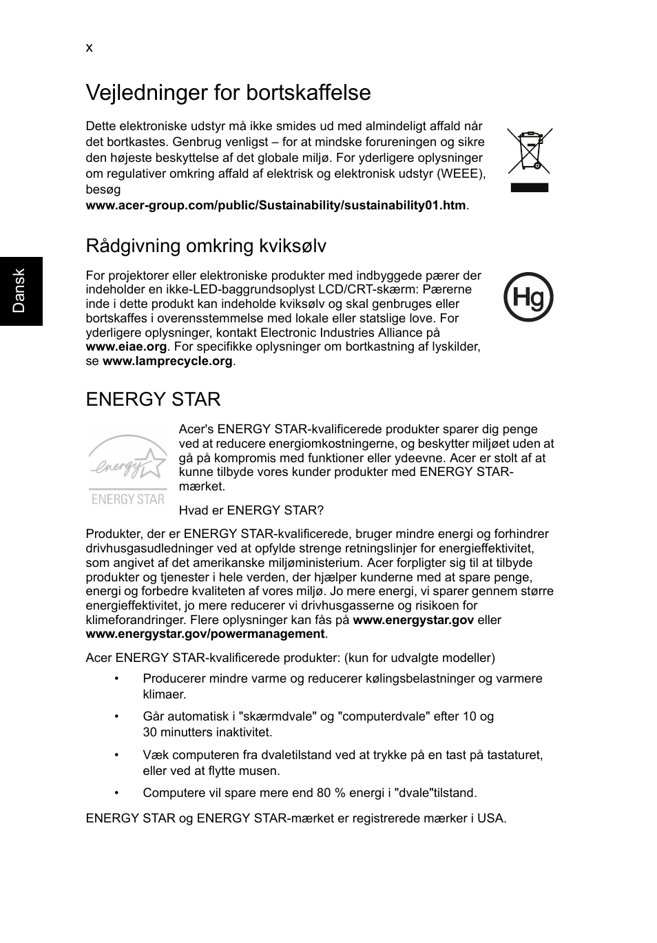 Vejledninger for bortskaffelse, Rådgivning omkring kviksølv, Energy star | Acer TravelMate P653-V User Manual | Page 752 / 2742