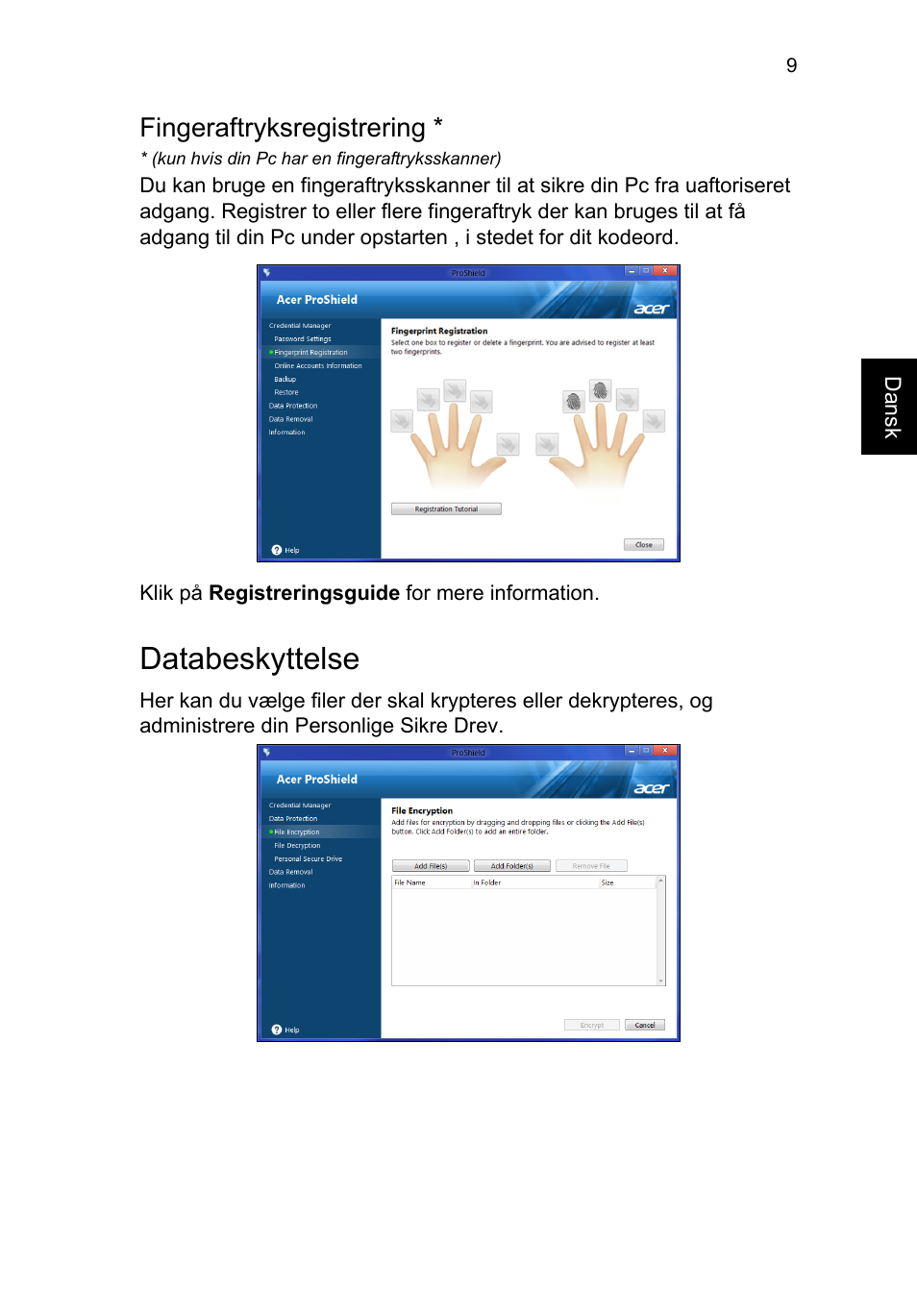 Fingeraftryksregistrering, Databeskyttelse | Acer TravelMate P653-V User Manual | Page 771 / 2742