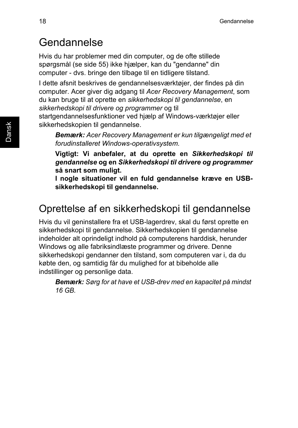 Gendannelse, Oprettelse af en sikkerhedskopi til gendannelse | Acer TravelMate P653-V User Manual | Page 780 / 2742