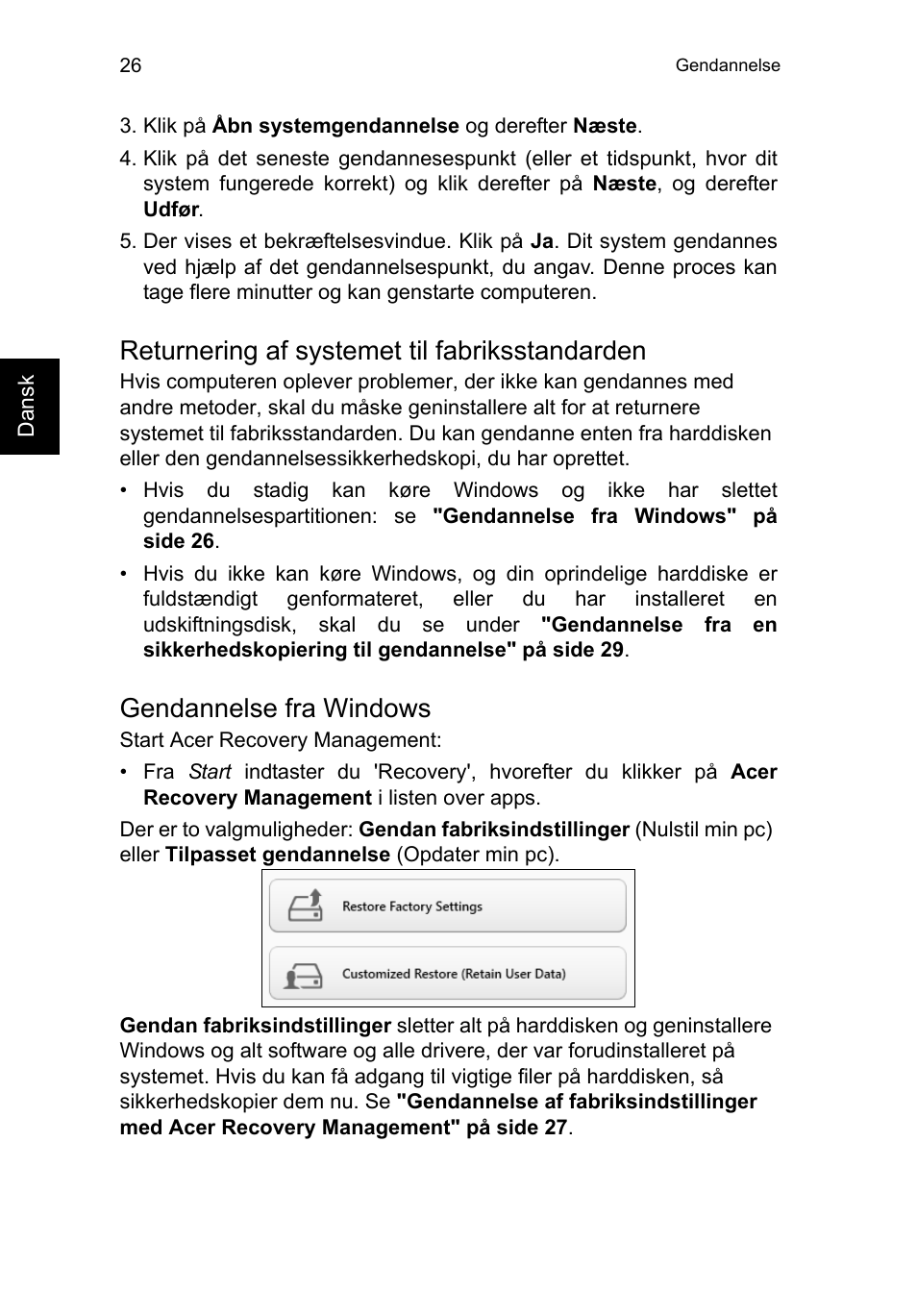 Returnering af systemet til fabriksstandarden, Gendannelse fra windows | Acer TravelMate P653-V User Manual | Page 788 / 2742
