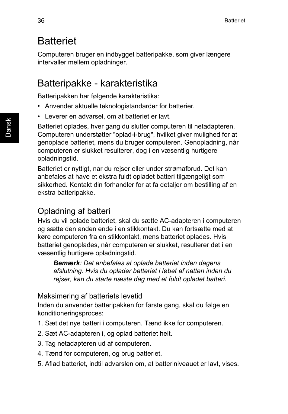 Batteriet, Batteripakke - karakteristika, Opladning af batteri | Acer TravelMate P653-V User Manual | Page 798 / 2742