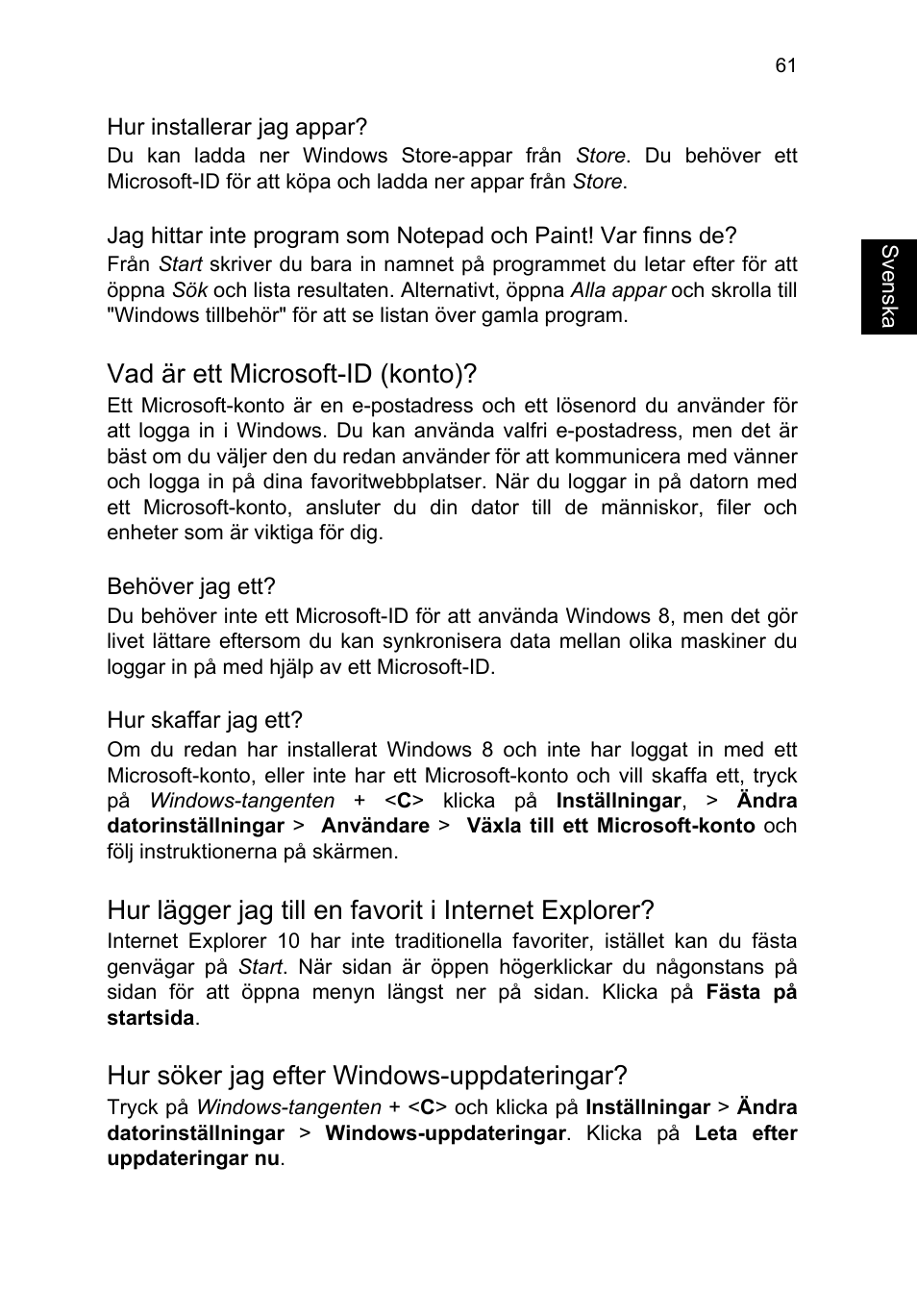 Vad är ett microsoft-id (konto), Hur lägger jag till en favorit i internet explorer, Hur söker jag efter windows-uppdateringar | Acer TravelMate P653-V User Manual | Page 913 / 2742